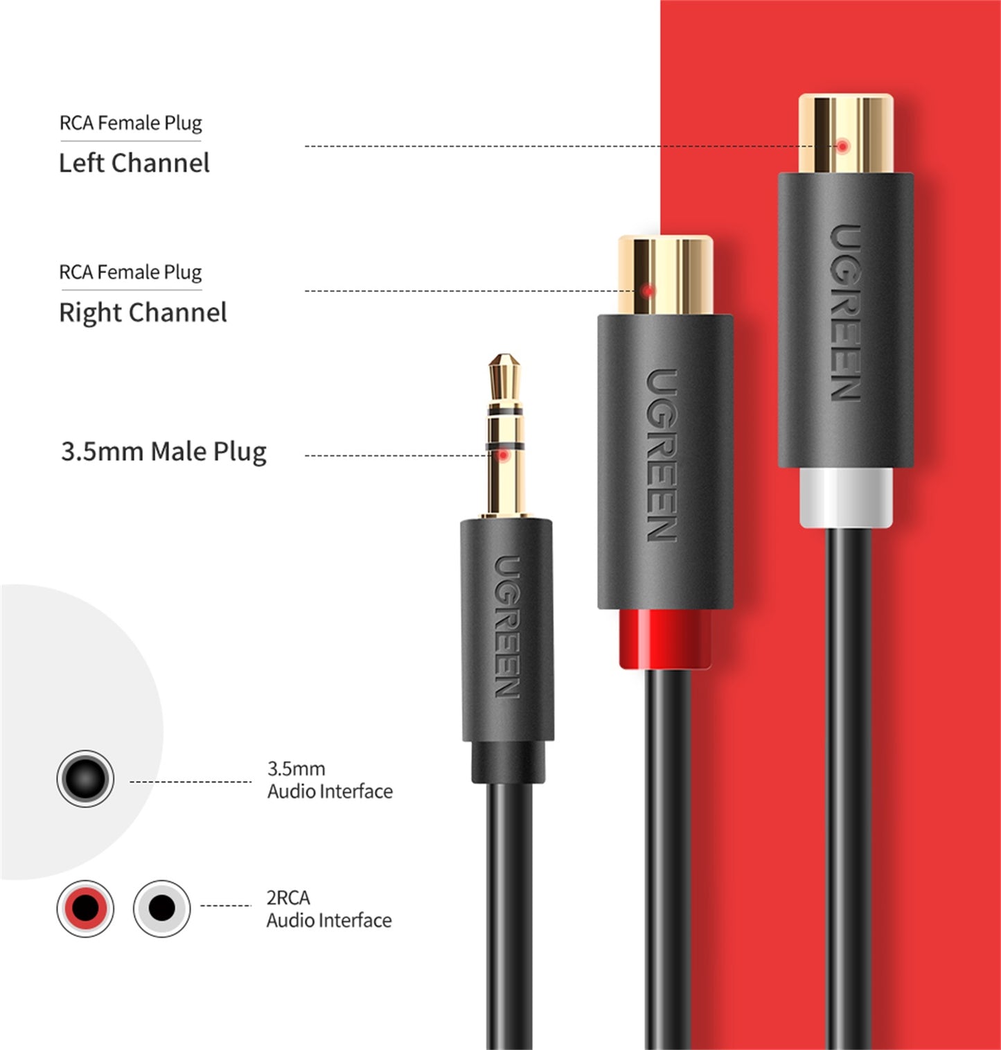 UGREEN 10547 3.5mm Male to 2RCA Female Jack Stereo AUX Audio Cable Y Adapter for iPhone MP3 Tablet Computer Speaker 3.5 RCA Jack Cable 0.25m