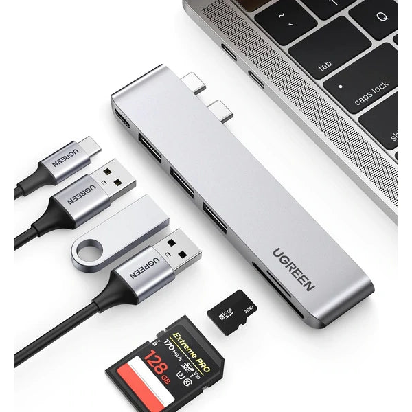 UGREEN 60560 ( Dual C 6 in 1 Card Reader ) 2xUSB-C to 3xUSB3.0-A+SD+TF+PD Multifunction Adapter Aluminum Shell
