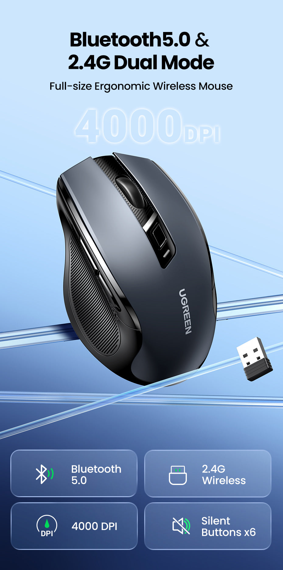 UGREEN 90545 Ergonomic Wireless Mouse with Nano Receiver, 5-Level 4000 DPI 6 Buttons, 2.4G USB Cordless Silent Mice, Wireless Mouse