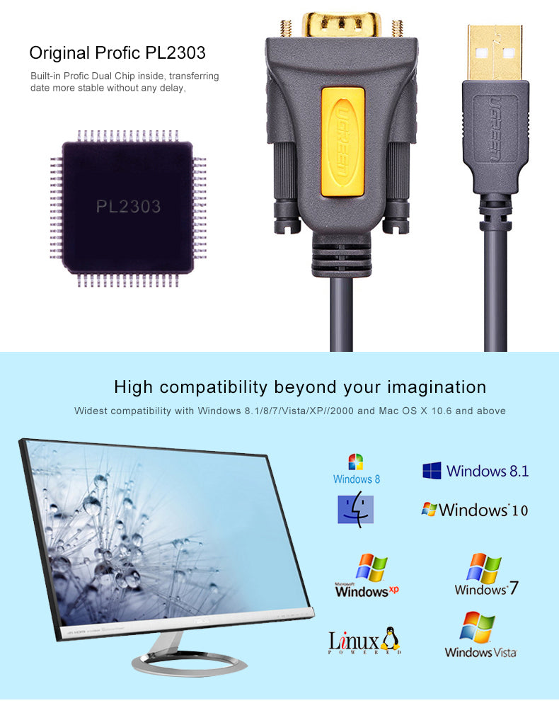 UGREEN 20222 USB to RS232 DB9 Serial Male Converter Adapter Cable 2m with PL2303 Chipset Gold Plated