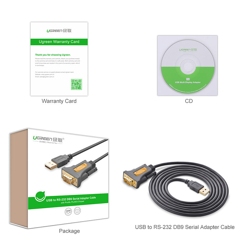 UGREEN 20222 USB to RS232 DB9 Serial Male Converter Adapter Cable 2m with PL2303 Chipset Gold Plated