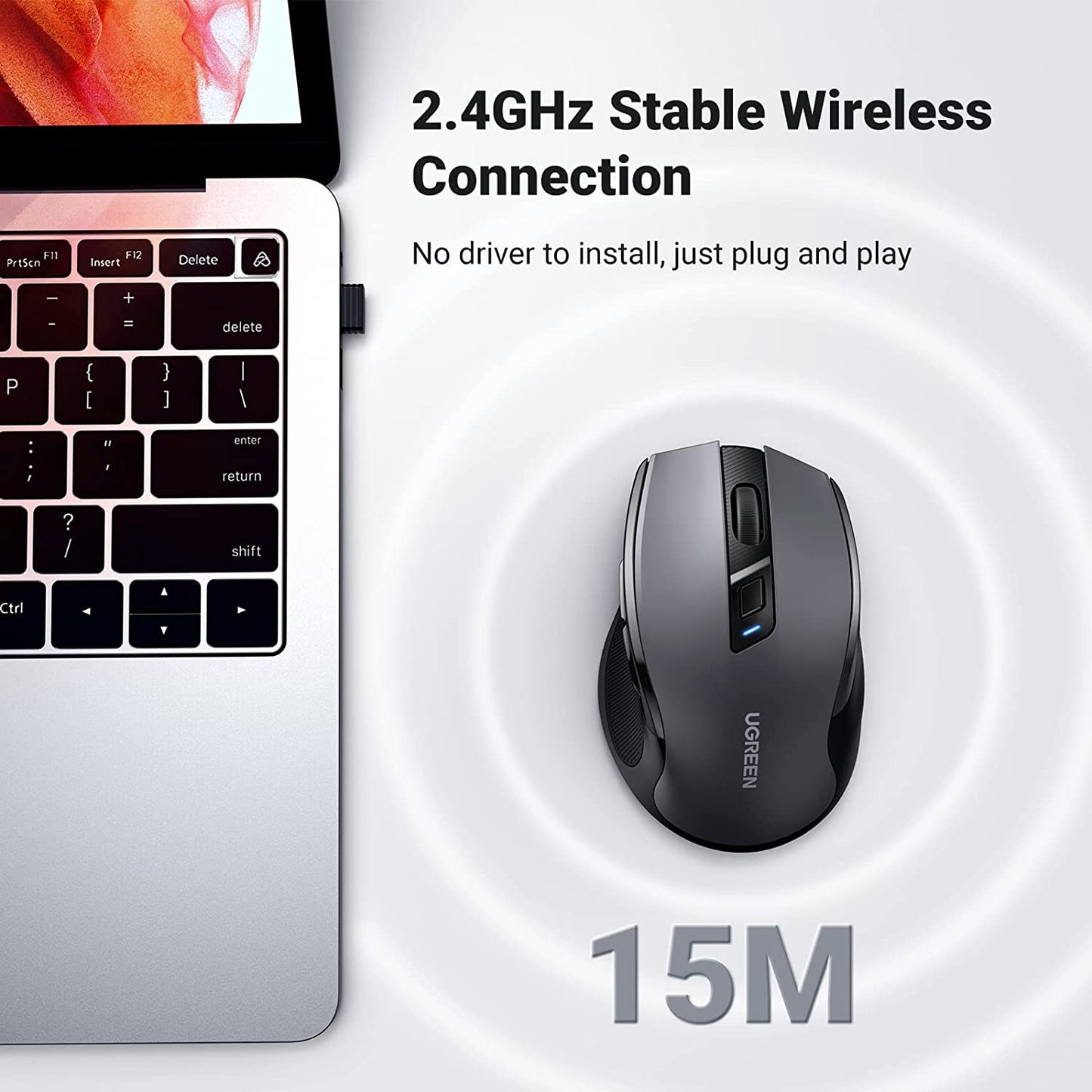 UGREEN 90545 Ergonomic Wireless Mouse with Nano Receiver, 5-Level 4000 DPI 6 Buttons, 2.4G USB Cordless Silent Mice, Wireless Mouse