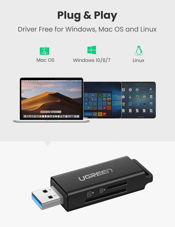 UGREEN 40752 USB 3.0 to TF + SD Dual Card Reader (Black)