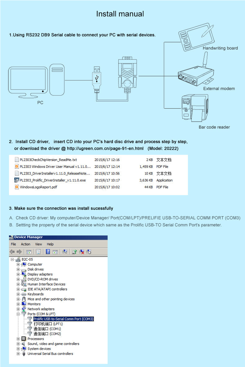 UGREEN 20222 USB to RS232 DB9 Serial Male Converter Adapter Cable 2m with PL2303 Chipset Gold Plated