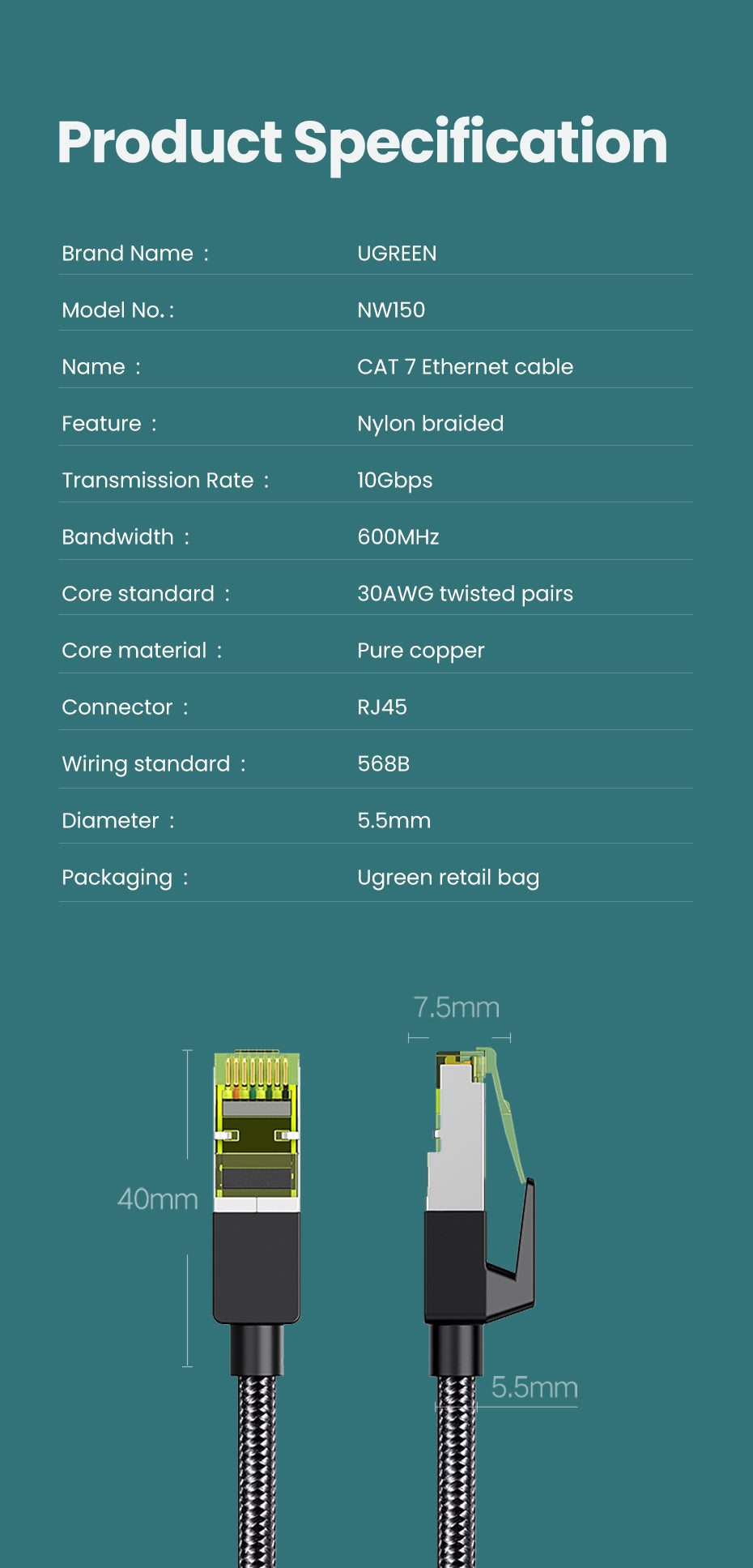 UGREEN 80424 CAT 7 10Gbps Cotton Braided Network Ethernet Cable Strong Nylon Braided Internet Wire CAT7 Lan Cable for Modem Laptops PS5 4 Router RJ45 Cable Pure Copper Ethernet Cable Ethernet
