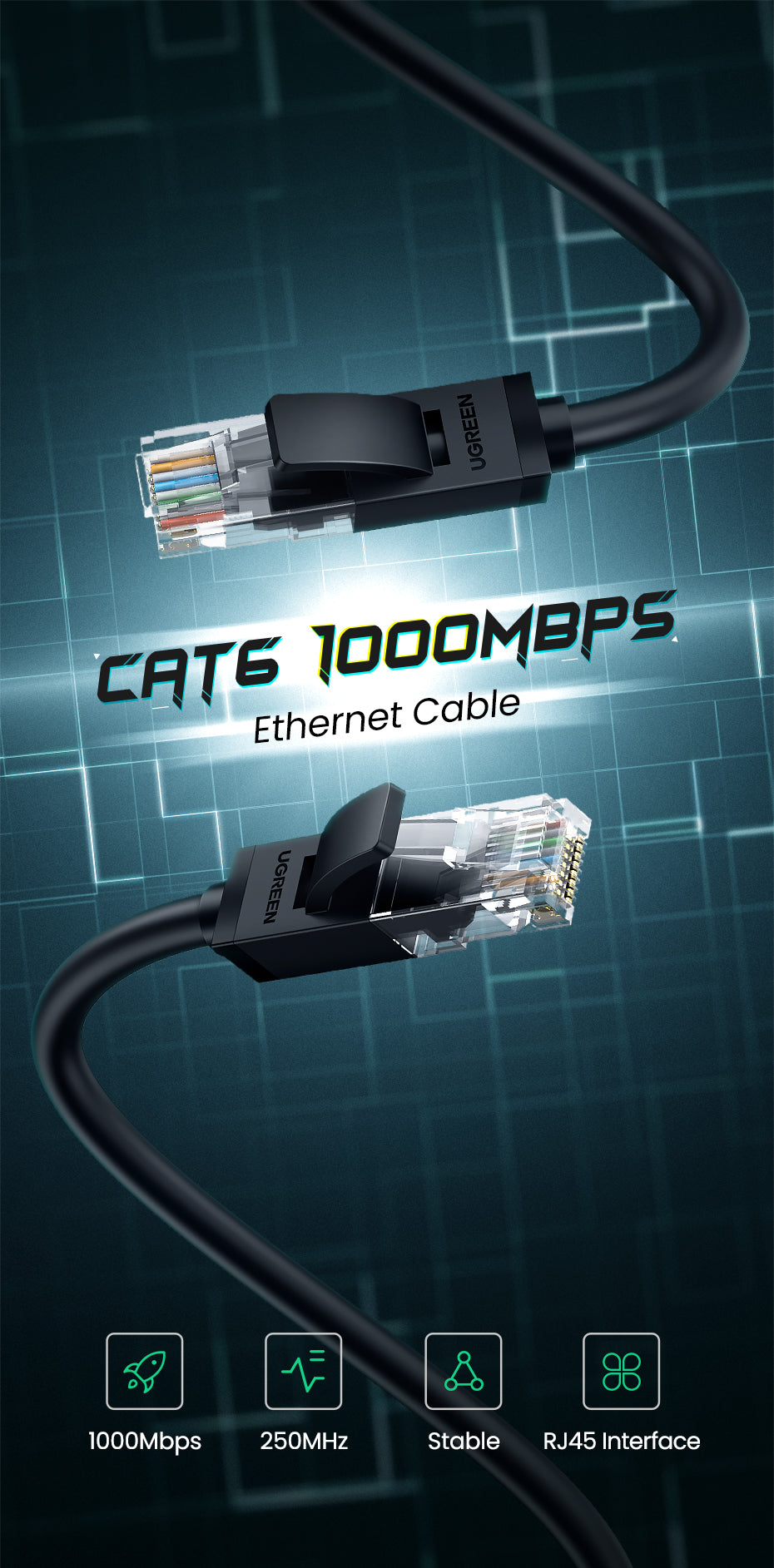 UGREEN 50192 Cat6 Ethernet Patch Cable Gigabit RJ45 Network Wire Lan Cable Plug Cat 6 Connector for Computer, PC,and other device