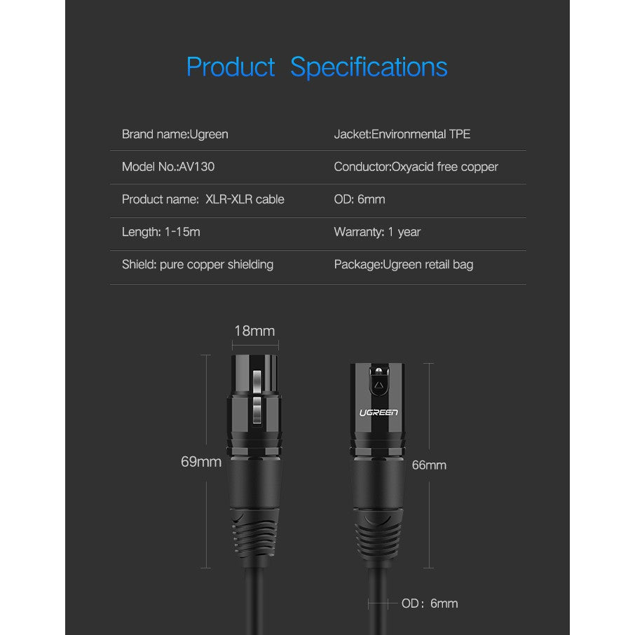 UGREEN 20708 Original XLR Cable Microphone Audio Sound Cannon Aux Cable Male to Female