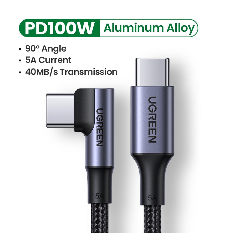 UGREEN 100W 5A USB C to USB C Cable Right Angle PD Fast Charge Type C 90 Degree Power Data Cable