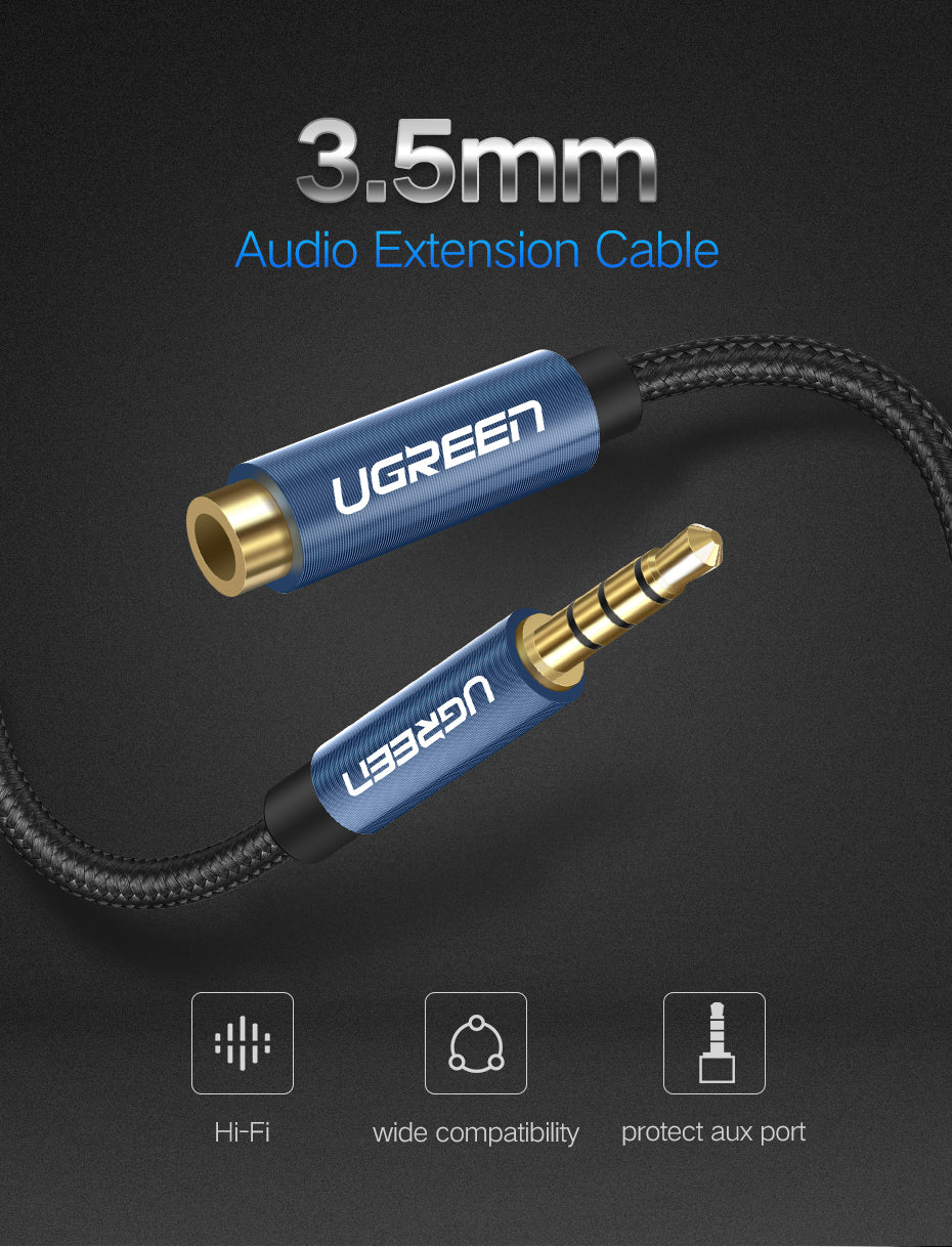 UGREEN 40673 3.5mm Male to 3.5mm Female Extension Braid 1m (Black)