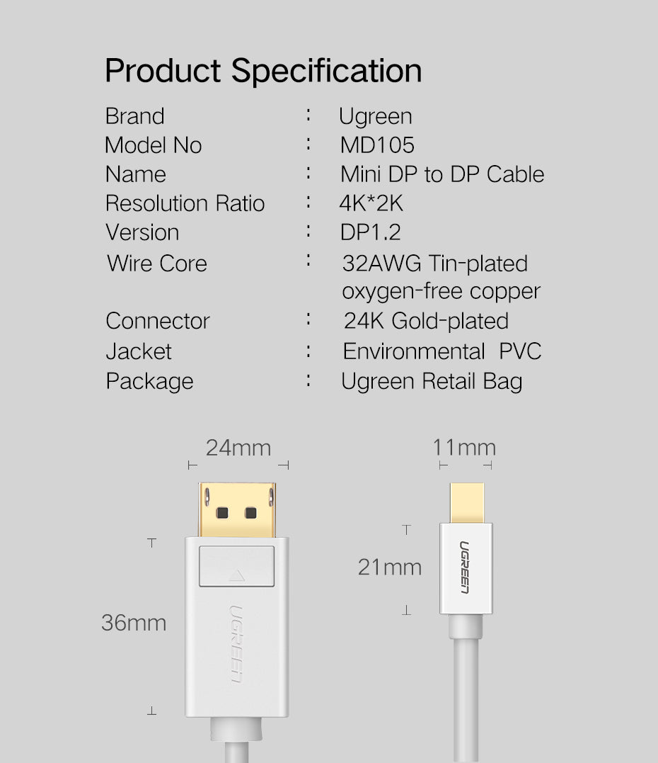 UGREEN 10477 Mini DP to DP Cable 1.5m (Black)