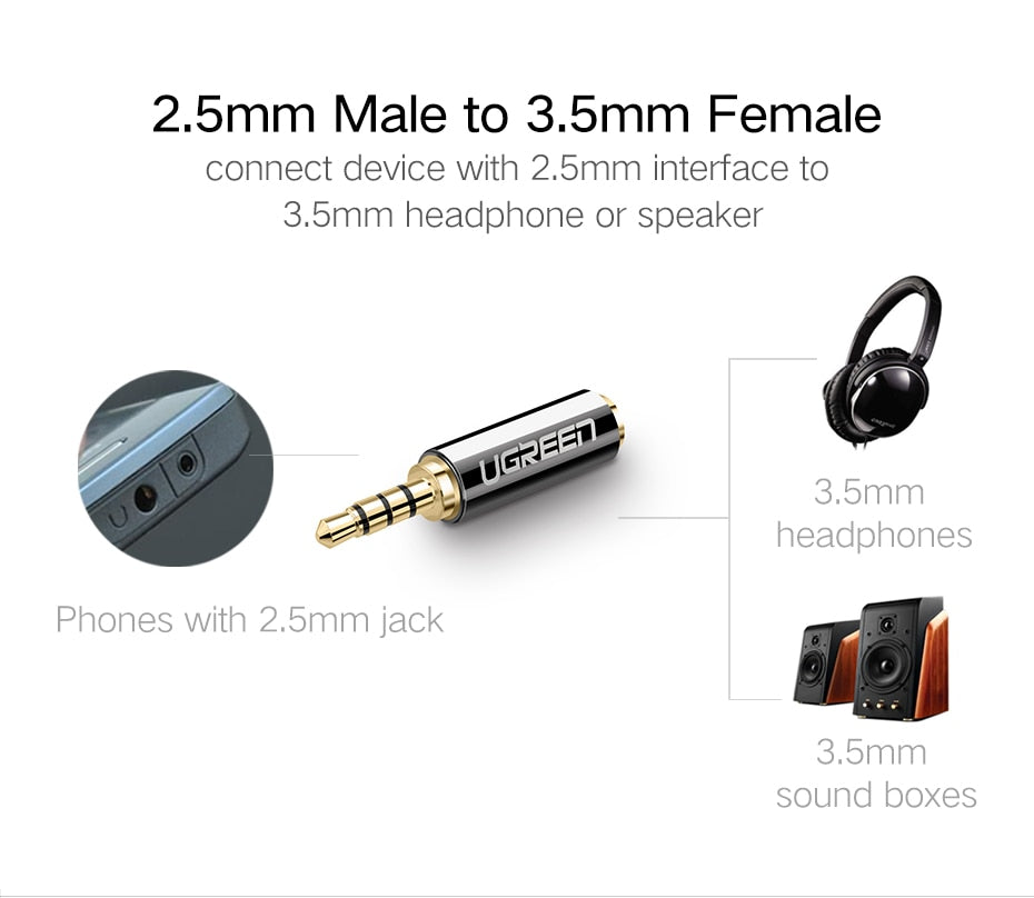 UGREEN 20501 Jack 2.5 mm to 3.5 mm Audio Adapter 2.5mm Male to 3.5mm Female Plug Connector for Aux Speaker Cable Headphone Jack 3.5