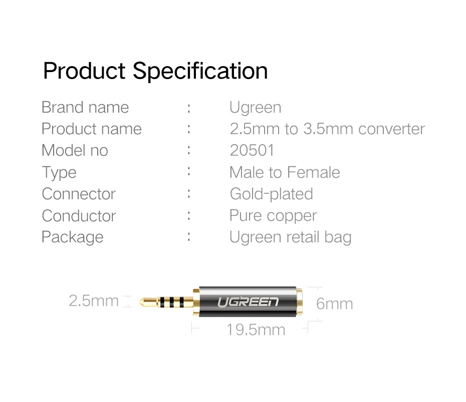 UGREEN 20501 Jack 2.5 mm to 3.5 mm Audio Adapter 2.5mm Male to 3.5mm Female Plug Connector for Aux Speaker Cable Headphone Jack 3.5