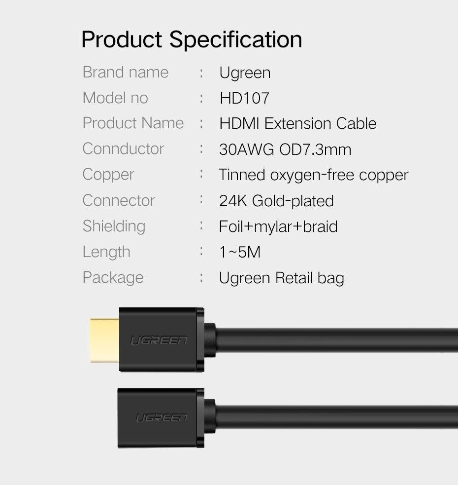 UGREEN 10140 0.5M HDMI Extension Cable 4K/60Hz HDMI Extender Male to Female