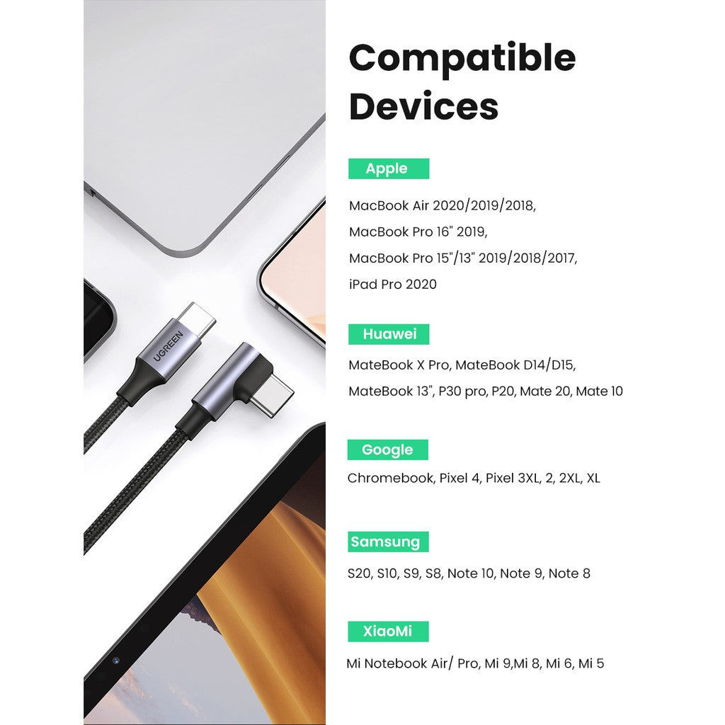 UGREEN 100W 5A USB C to USB C Cable Right Angle PD Fast Charge Type C 90 Degree Power Data Cable