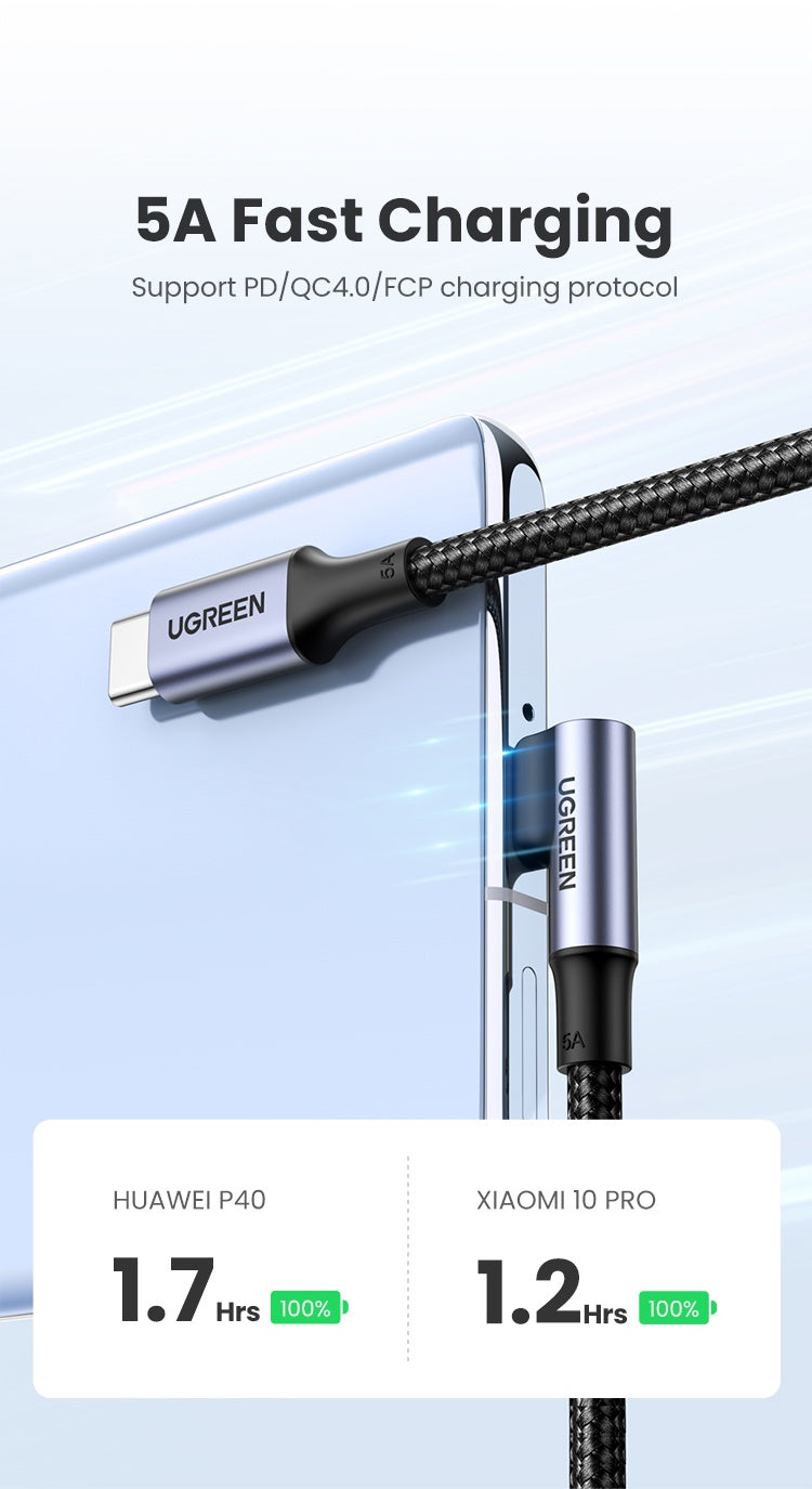 UGREEN 100W 5A USB C to USB C Cable Right Angle PD Fast Charge Type C 90 Degree Power Data Cable