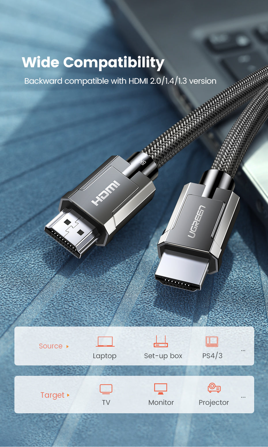 UGREEN 80602 HDMI 2.1 Cable 8K/60Hz 48Gbps HDCP 2.2 HDMI Cable Cord for PS4 PS5 Splitter Switch Audio Video Cable Support Dynamic HDR eARC Compatible