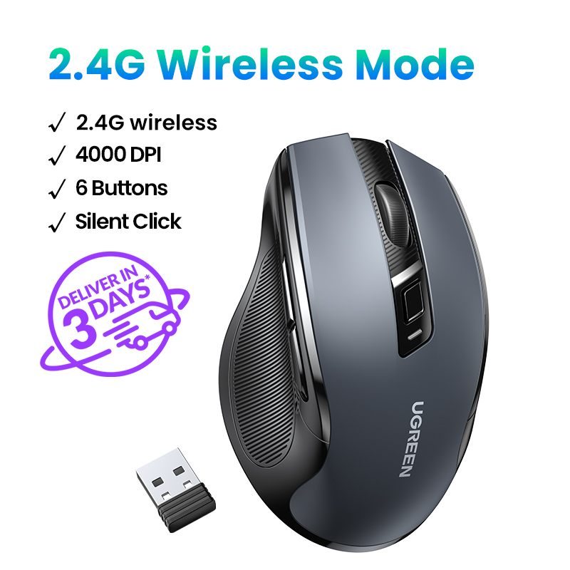 UGREEN 90545 Ergonomic Wireless Mouse with Nano Receiver, 5-Level 4000 DPI 6 Buttons, 2.4G USB Cordless Silent Mice, Wireless Mouse