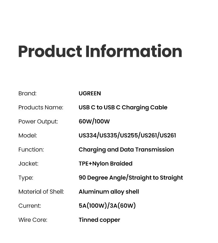 UGREEN 100W 5A USB C to USB C Cable Right Angle PD Fast Charge Type C 90 Degree Power Data Cable