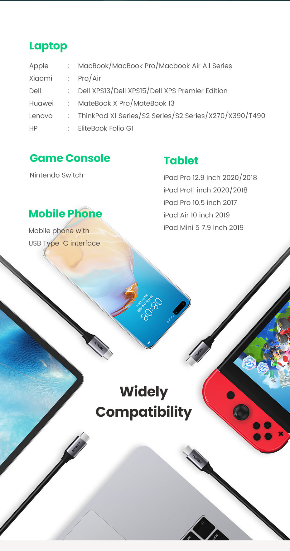 UGREEN 60W Type C Fast Charging 4K60Hz Cord QC4.0 20V3A Charger Data Line 400Mbps USB C to USB C Cable Delivery Charging Cord