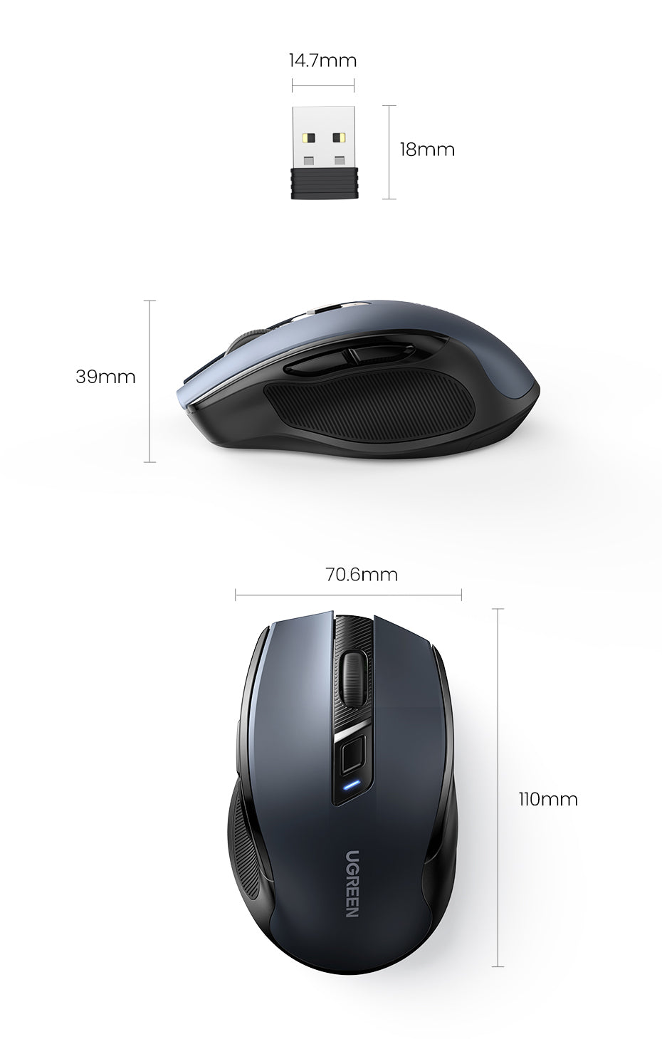UGREEN 90545 Ergonomic Wireless Mouse with Nano Receiver, 5-Level 4000 DPI 6 Buttons, 2.4G USB Cordless Silent Mice, Wireless Mouse