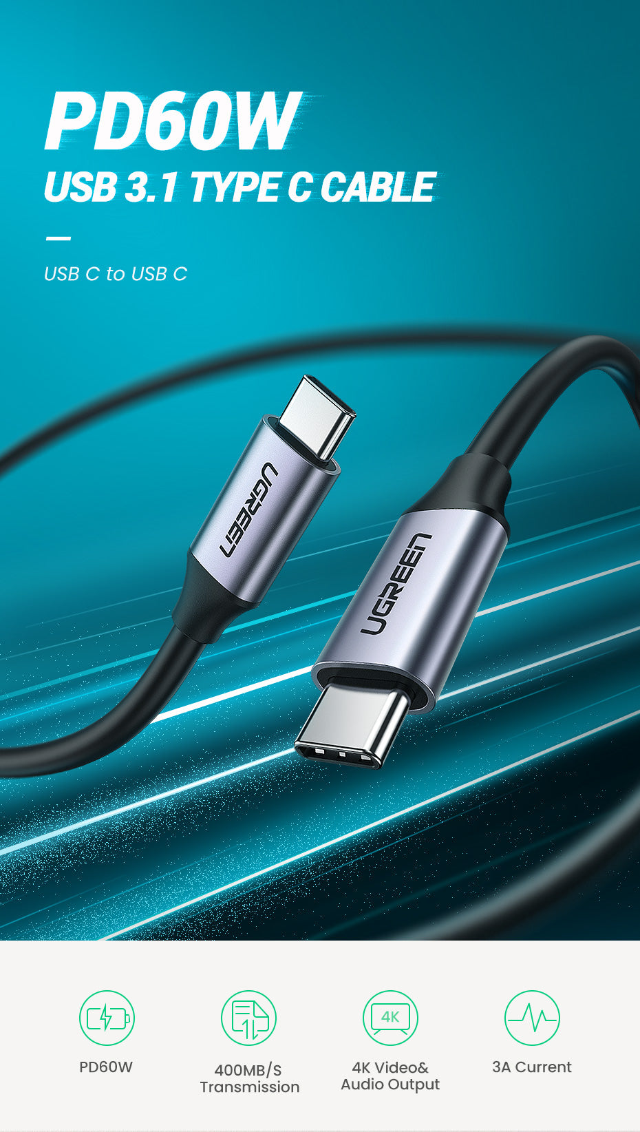 UGREEN 60W Type C Fast Charging 4K60Hz Cord QC4.0 20V3A Charger Data Line 400Mbps USB C to USB C Cable Delivery Charging Cord