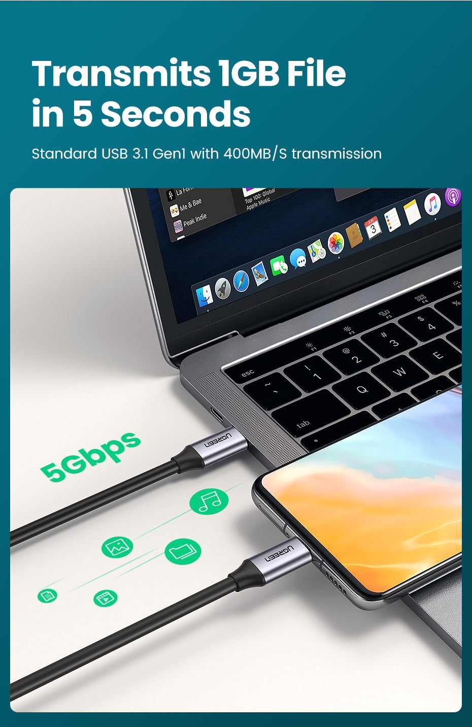 UGREEN 60W Type C Fast Charging 4K60Hz Cord QC4.0 20V3A Charger Data Line 400Mbps USB C to USB C Cable Delivery Charging Cord