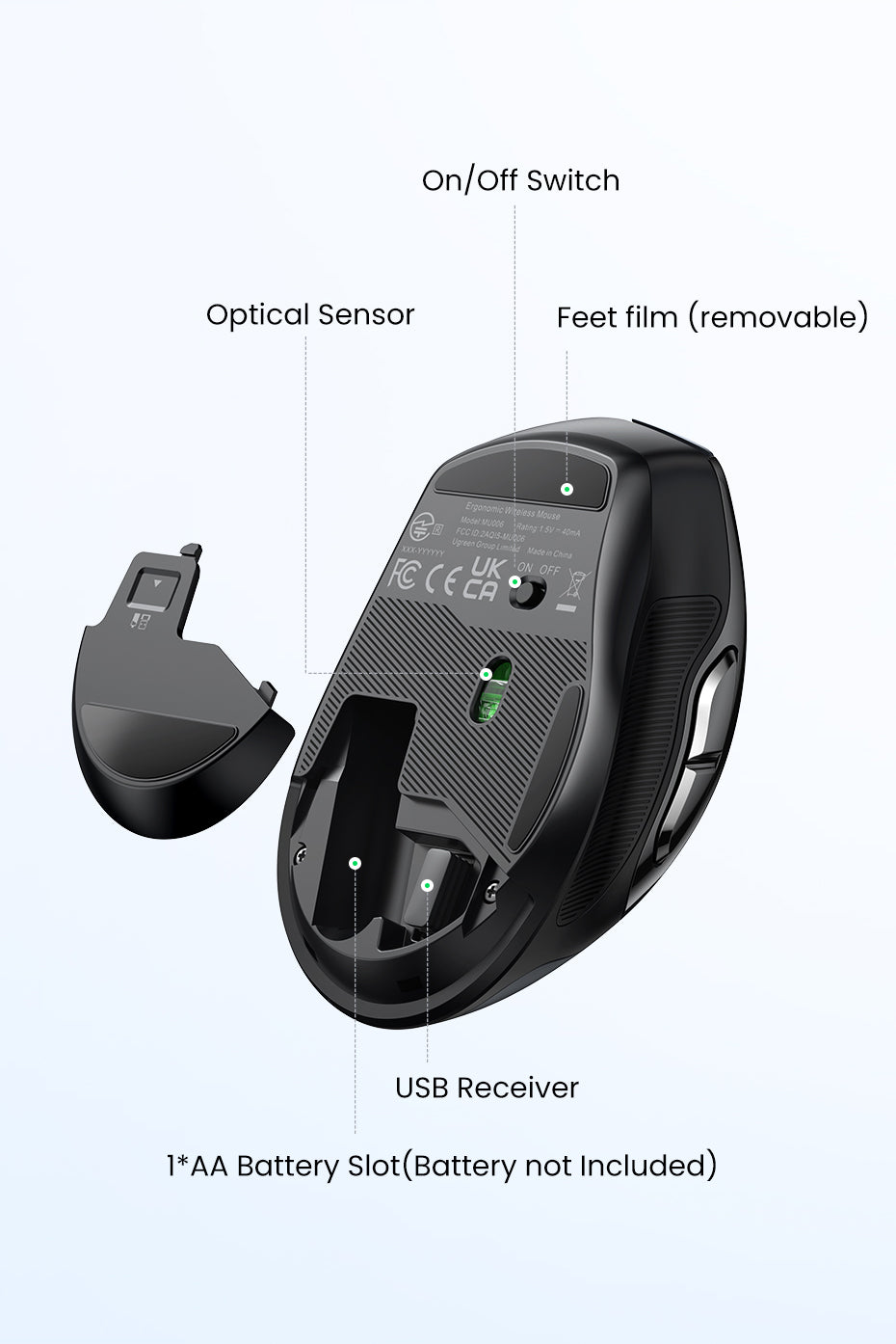 UGREEN 90545 Ergonomic Wireless Mouse with Nano Receiver, 5-Level 4000 DPI 6 Buttons, 2.4G USB Cordless Silent Mice, Wireless Mouse