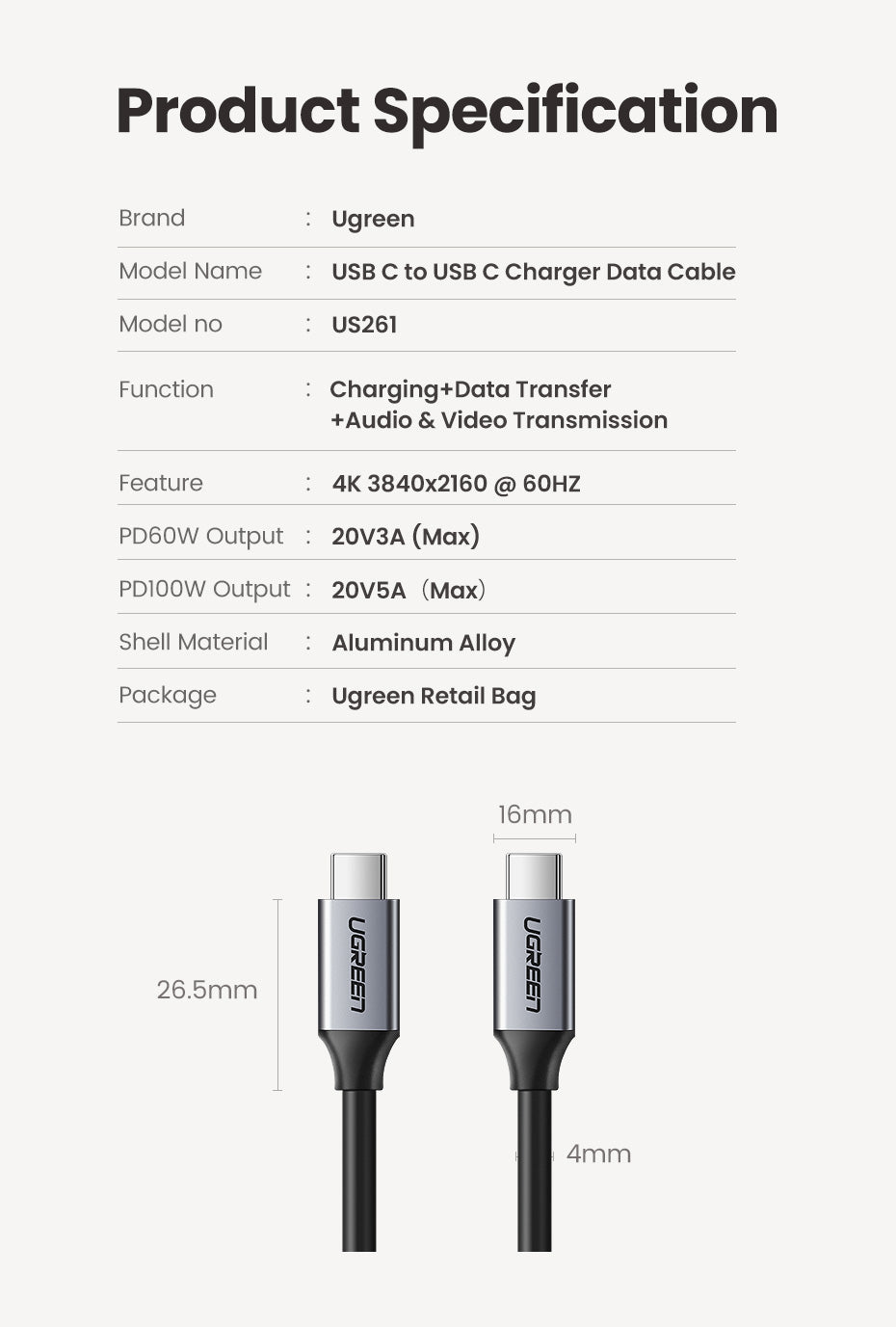 UGREEN 60W Type C Fast Charging 4K60Hz Cord QC4.0 20V3A Charger Data Line 400Mbps USB C to USB C Cable Delivery Charging Cord
