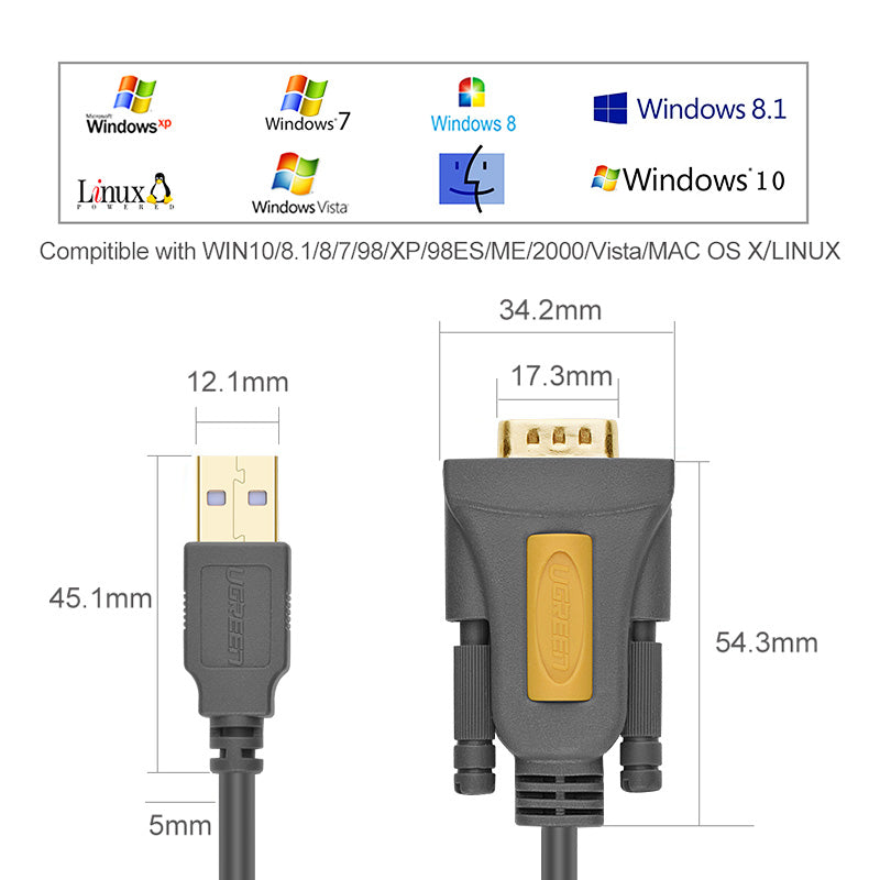 UGREEN 20222 USB to RS232 DB9 Serial Male Converter Adapter Cable 2m with PL2303 Chipset Gold Plated