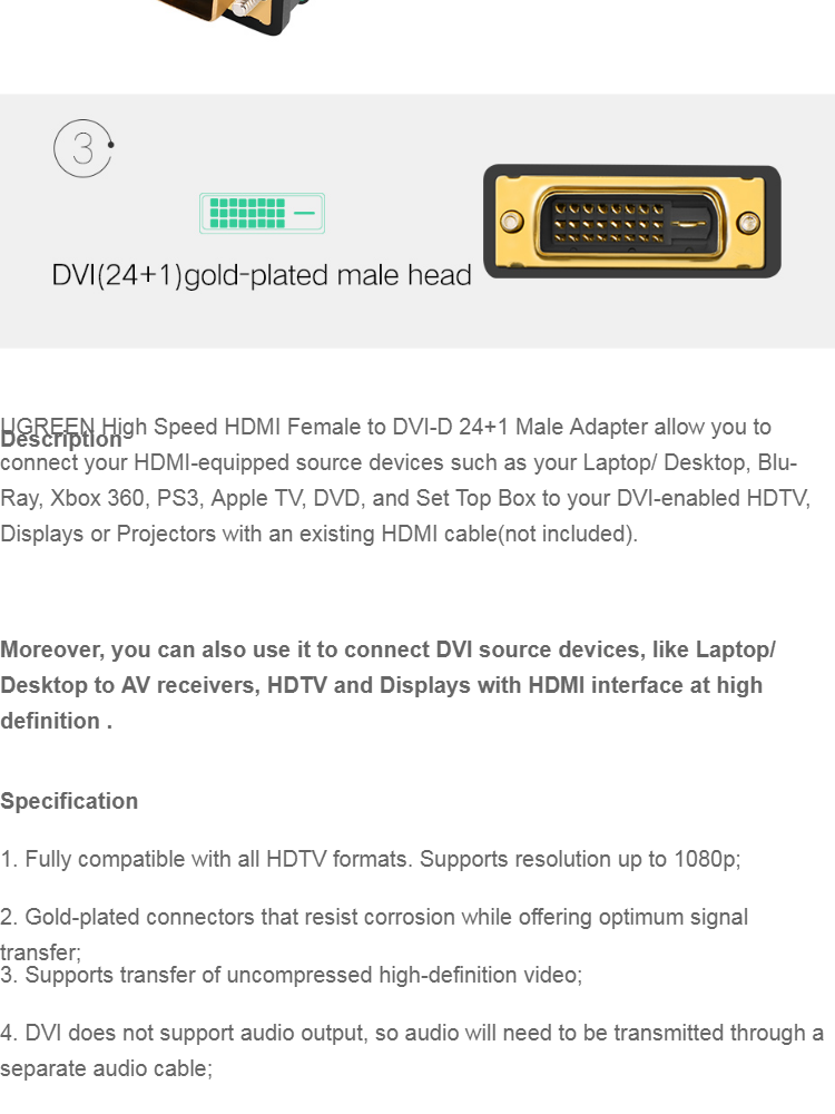 UGREEN 20124 HDMI to DVI 24+1 Adapter Female to Male 1080P HDTV Converter DVI Connector for PC PS3 Projector TV Box