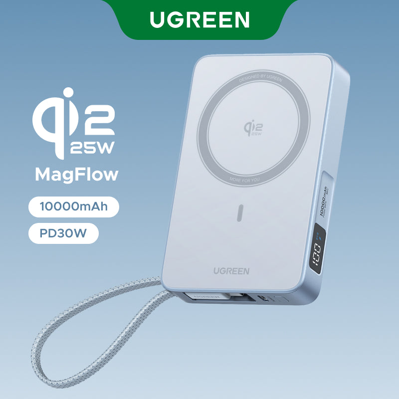 [3C Certified] UGREEN Qi2 25W MagFlow Magnetic Wireless Power Bank 10000mAh 30W PD Fast Charge with Built-in USB-C Cable, MagSafe Compatible for iPhone 16 15 14 Pro Max, Samsung S25 S24 Ultra