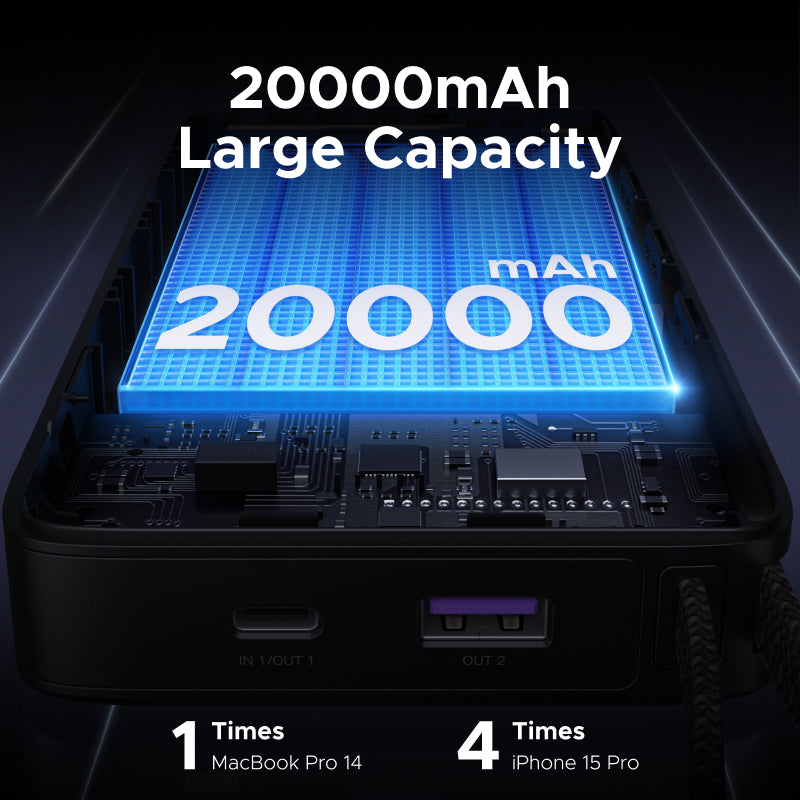 （3C Certification）UGREEN 85166B 20000mAh 67W Fast Charging Power Bank – 3C Certified with Built-in USB-C Cable