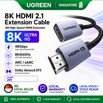 UGREEN 8K HDMI 2.1 Extension Cable 48Gbps - Ultra High Speed HDMI Male to Female Extender Cord 4K 240Hz/120Hz [6.6FT/2M] eARC, Dolby Vision, VRR for PS5 Pro, Xbox Series X, Switch 2, Smart TV, Soundbar
