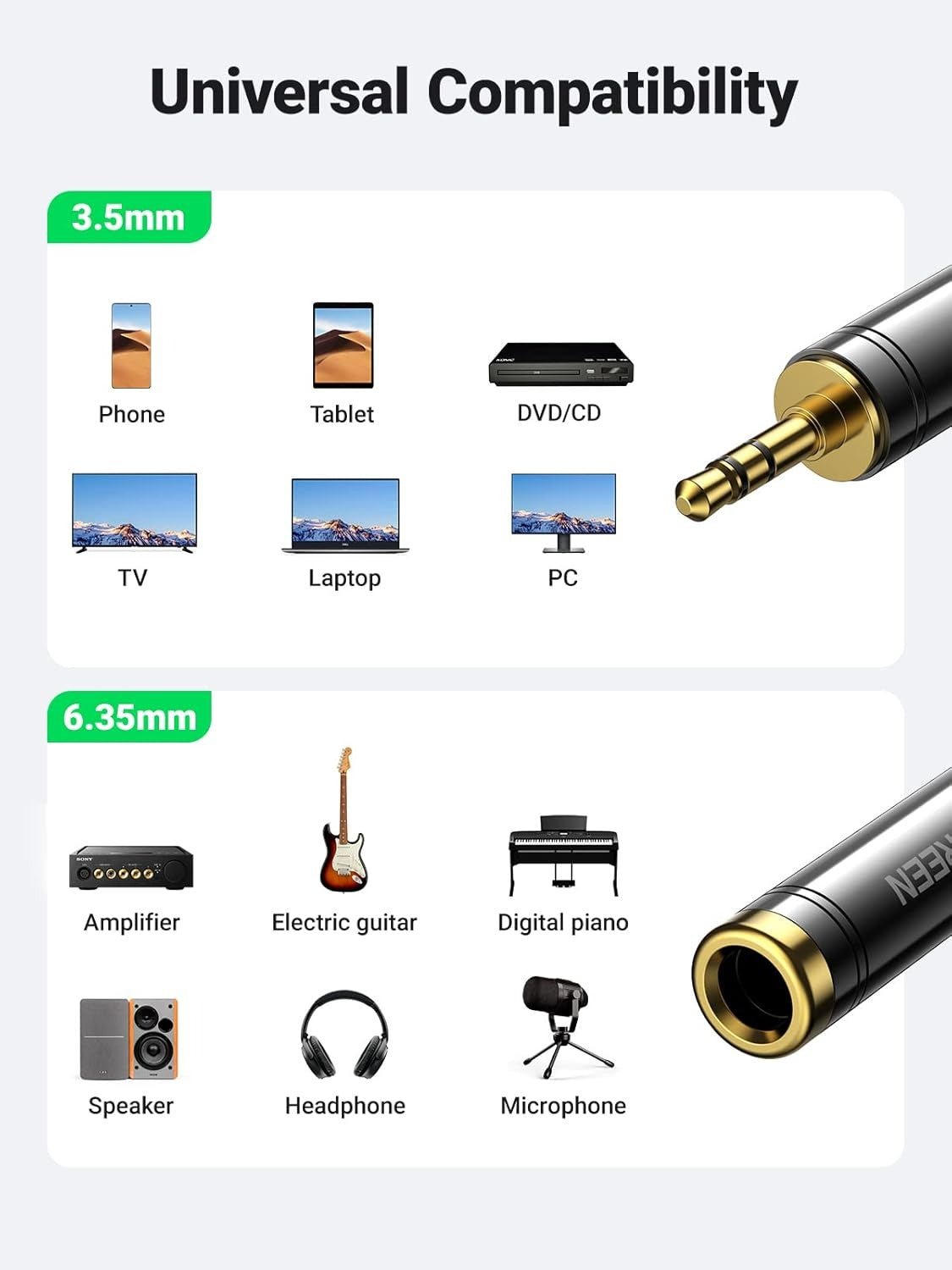 UGREEN 3.5mm to 6.35mm Female Audio Jack Plug Converter Headphone Adapter for Speaker Headphone, Guitar, Digital Piano