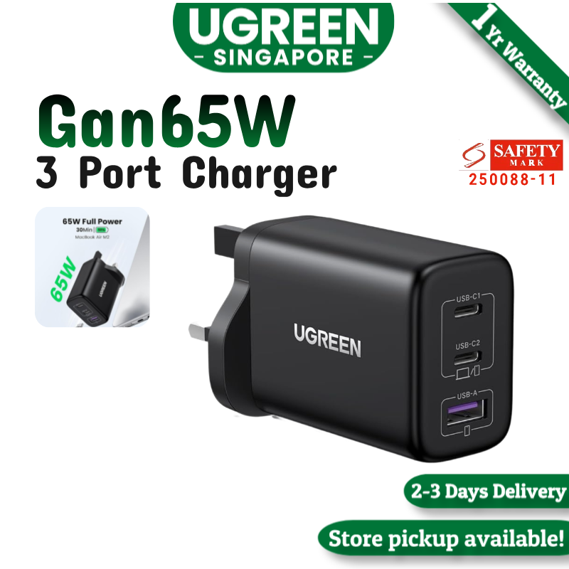 UGREEN 65W 3-Port GaN Fast USB-C Charger Adapter with PPS for MacBook/Air, iPad Pro/Air, iPhone 15/16 Pro Max, Galaxy S25 Ultra - Travel Wall Charger with 24h Protection