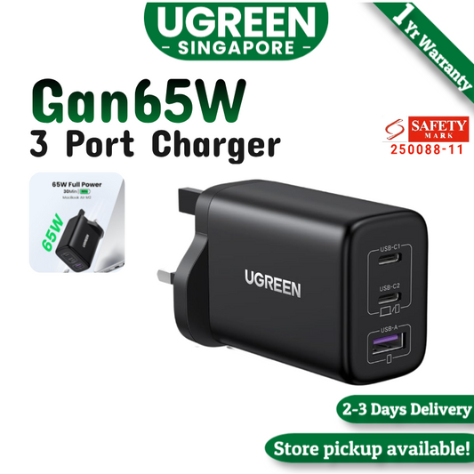 UGREEN 65W 3-Port GaN Fast USB-C Charger Adapter with PPS for MacBook/Air, iPad Pro/Air, iPhone 15/16 Pro Max, Galaxy S25 Ultra - Travel Wall Charger with 24h Protection
