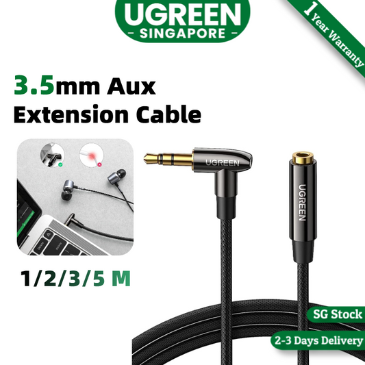 UGREEN 20491 3.5mm Headphone Extension Cable Right Angle Aux Extender Stereo Jack Male to Female Earphone Lead Nylon Cord Compatible with Smart TV, Car Radio, PC, MacBook, Speaker, MP3 Player, Phone