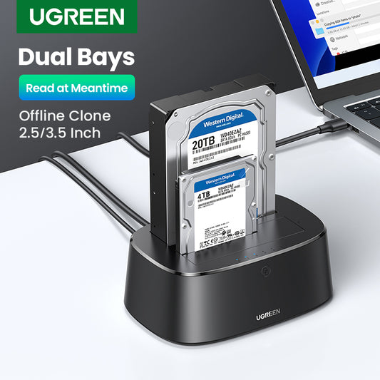 UGREEN Hard Drive Docking Station USB 3.0 to SATA Adapter External UASP Enclosure Hard Disk Caddy Reader 2-Bay Cloning Kit For 2.5/3.5 SATA HDD SSD,Windows,Mac OS,Linux,PS4,Xbox One