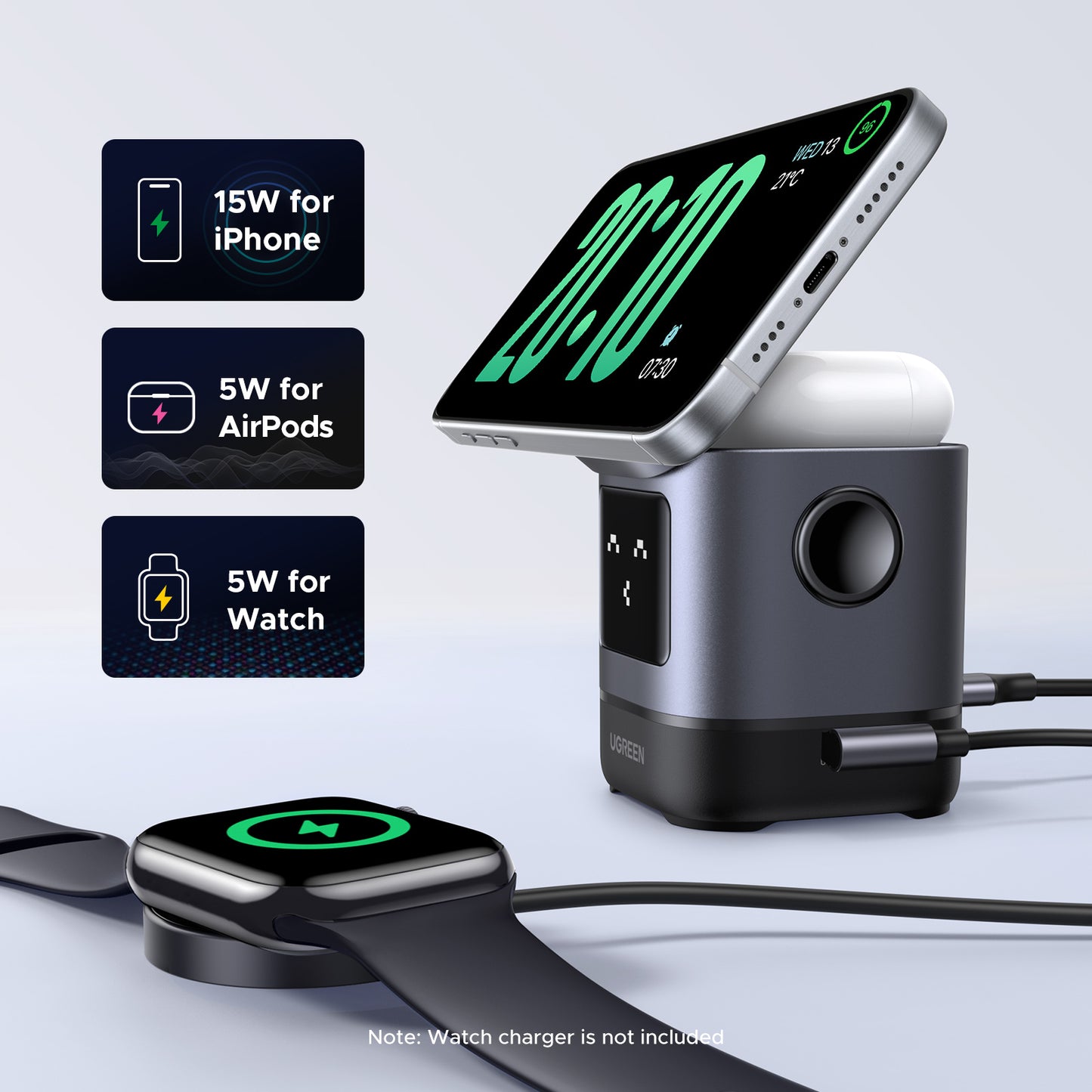 UGREEN Uno Qi2 Certified 15W Wireless Charger Stand, 2-in-1 Foldable Charging Station Compatible with iPhone 16/15/14/13/12 Series, AirPods 2/3/4/Pro (No AC Adapter)