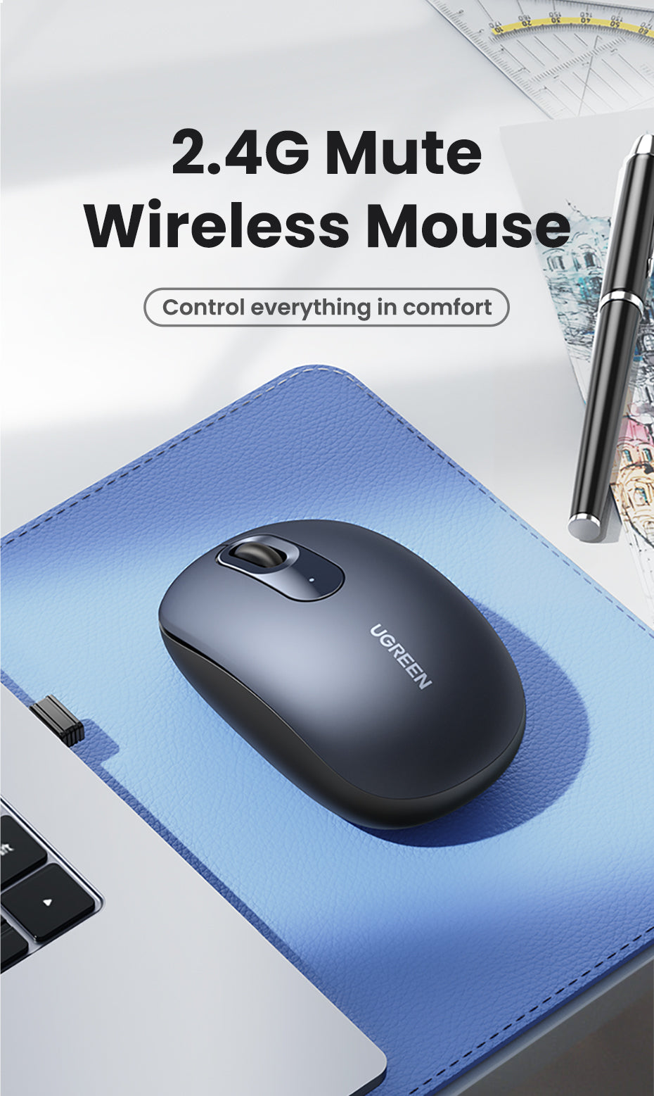 UGREEN 2.4G Wireless Silent Mouse 2400DPI Ergonomic Design Mouse with USB Mini Receiver Ambidextrous PC / Mac / Laptop