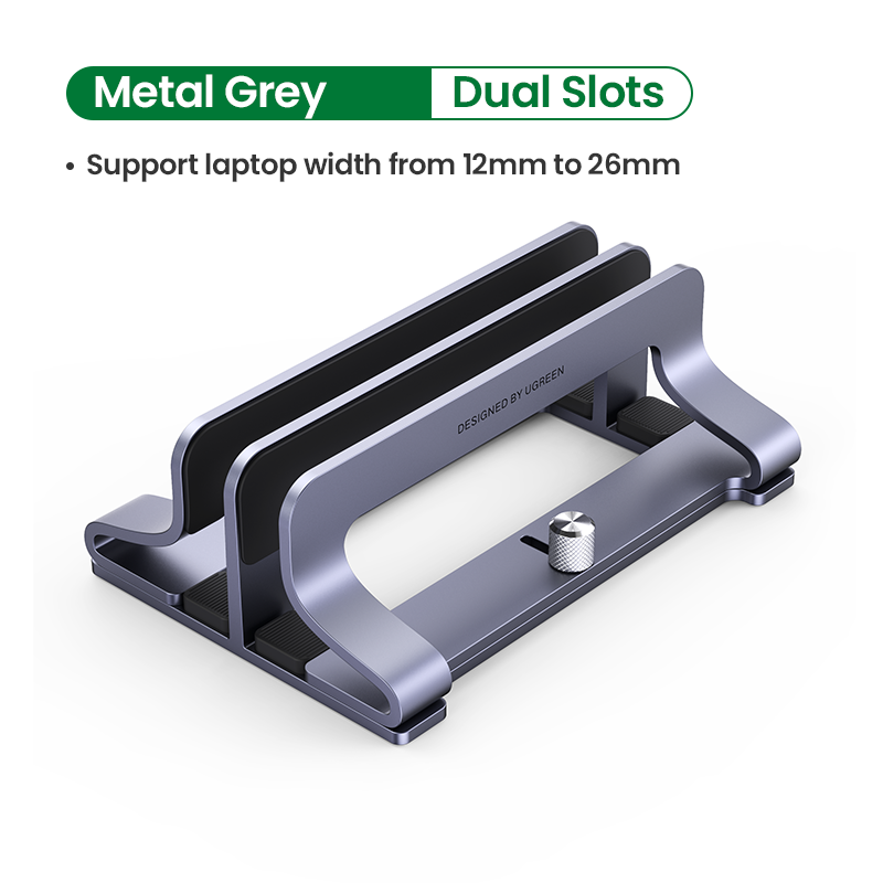 UGREEN Vertical Laptop Stand for Desk, Dual Slot Aluminum Holder, Adjustable Dock, Compatible with MacBook, Chromebook, up to 17.3 Inch, Grey