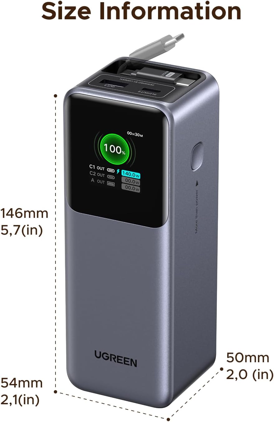 UGREEN Nexode Power Bank 20000mAh 165W with Built-in USB C Cable Laptop Travel Portable Charger, 100W Input, Fast Charging for MacBook Pro/Air/iPhone 16/iPad Pro/Galaxy S25 Ultra/Dell/HP and More