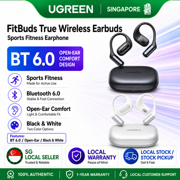 UGREEN FitBuds Open-Ear Wireless Headphones Bluetooth 6.0, 3D Spatial Audio Sports Earbuds with 4-Mic AI ENC, 28H Playtime IPX5 Waterproof Hook Earphones for iPhone 17 16, Samsung S26, iPad, Laptop