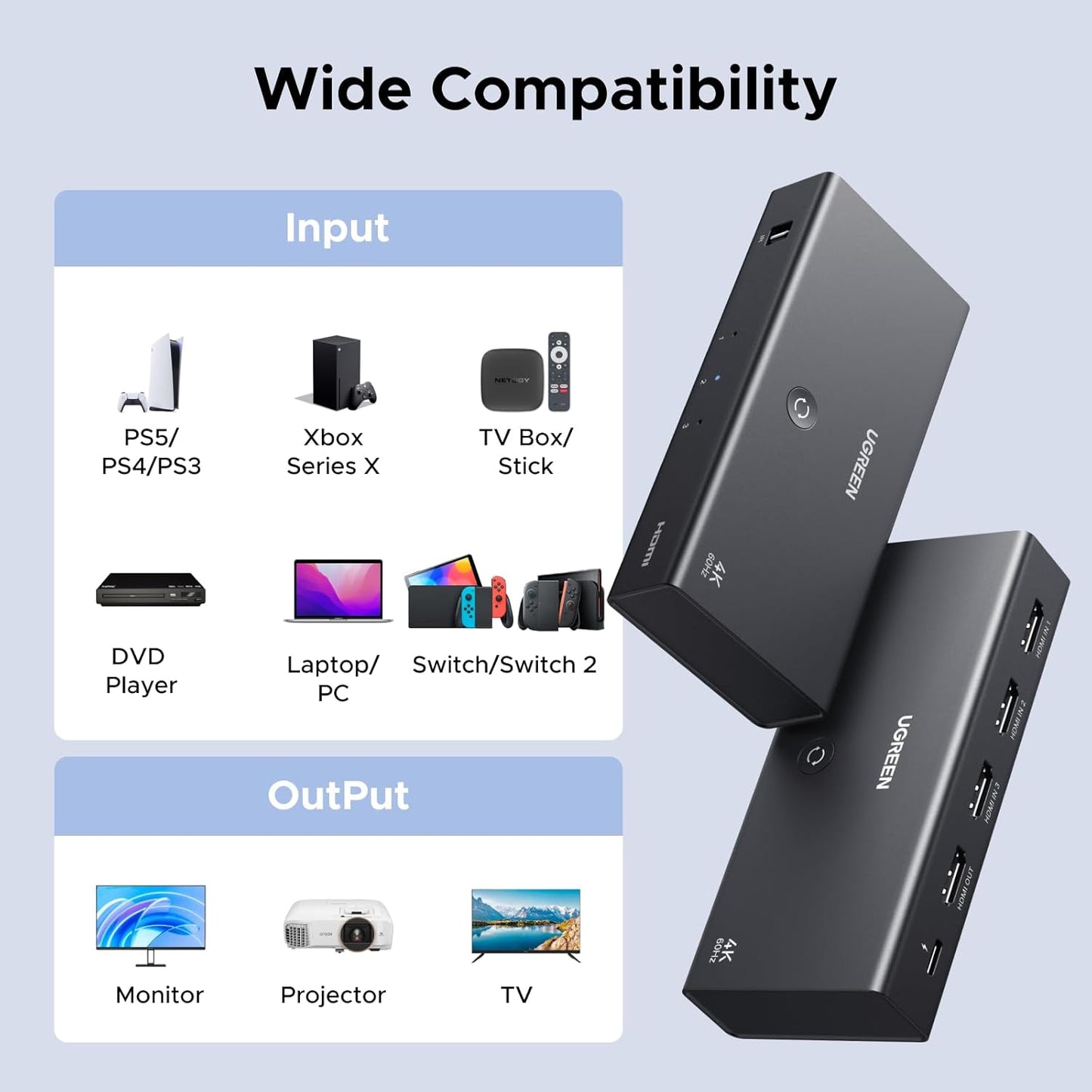 UGREEN HDMI Switch 3 in 1 Out 4K60Hz, HDMI Splitter with Remote Supports HDR10+ CEC HDCP2.2 Compatible with Nintendo Switch PS5/4/3 Xbox Roku TV Fire Stick Blu-Ray Player