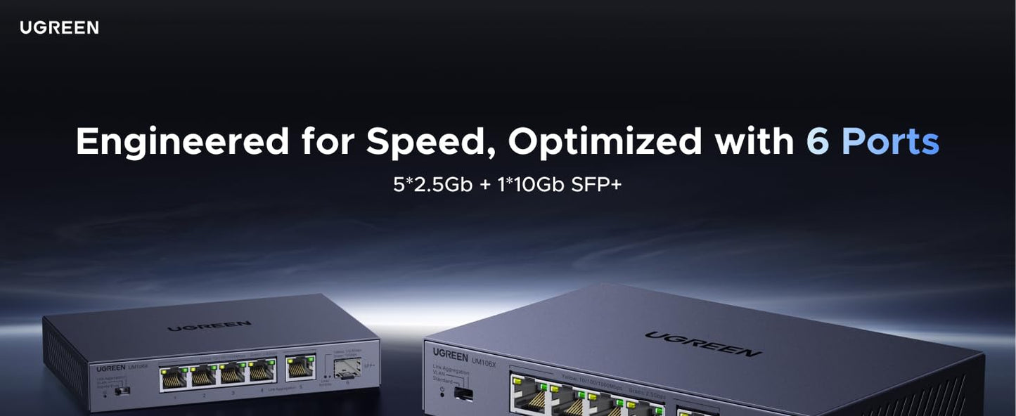 UGREEN 2.5Gbps Network Switch, 5 x 2.5Gbps Base-T& 1 x 10Gbps SFP+ Slot Ethernet Splitter, 6 Port Metal Case Ethernet Switch Hub,Desktop & Wall-Mounting,Plug & Play for TV/Laptop/Switch/Router/Camera
