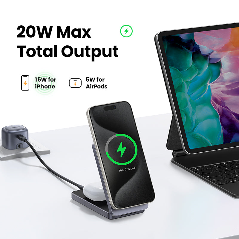 UGREEN 2-in-1 20W MagFlow Wireless Charger, 15W Fast Charging Stand for iPhone 16/15/14 Pro Max, 7.5W for iPhone 16/15 Plus, Compatible with AirPods Pro/Max, Xiaomi Air, Samsung S24 Ultra/S23, Galaxy Buds, Earphones, Phone Holder Included