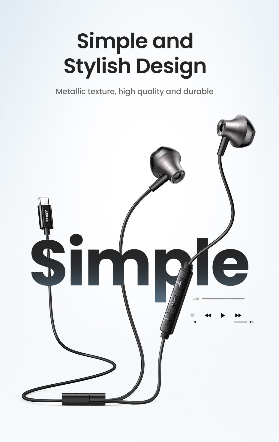 UGREEN In-Ear Earphones 3.5mm Type C Stereo Bass Wired Headphones HIFI Earphones with Mic for Samsung S24 S23 Ultra iPhone16/15 Pro Max