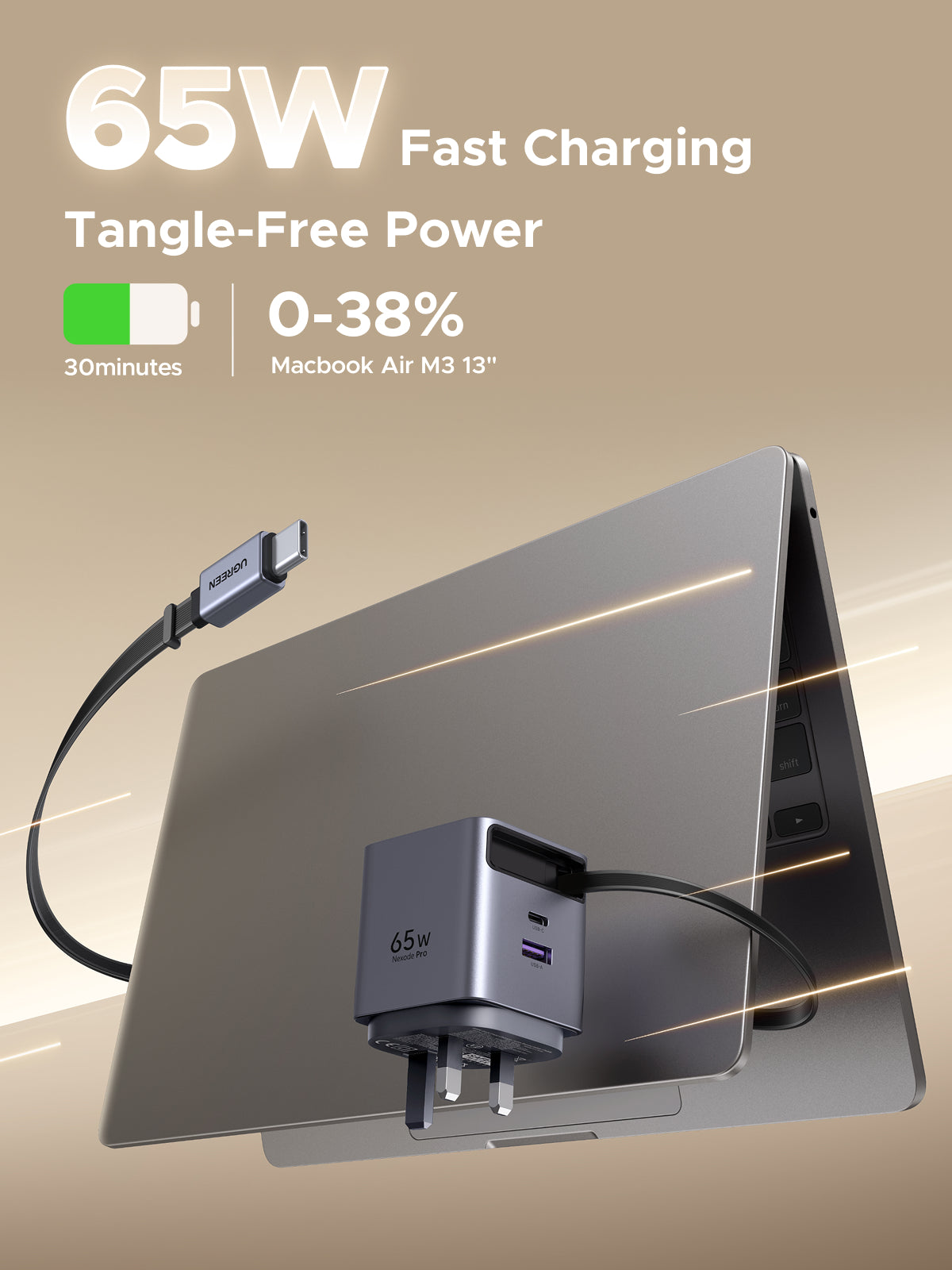 UGREEN Nexode Pro USB C Charger Plug, 65W 3 Port Fast Charger Plug with Retractable Cable(69cm), USB C Charger Compatible with iPhone 17 Pro Max/16/15/14/13/12, iPad, Galaxy S25 Ultra/S24/S23, Pixel 10 Pro XL/9/8,Macbook,Lenovo,Dell