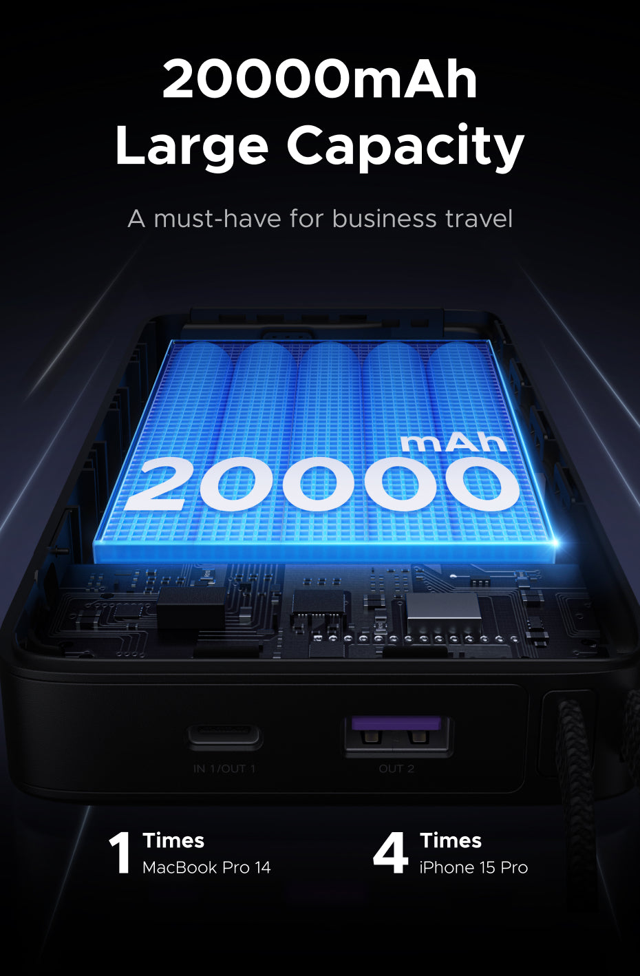 （3C Certification）UGREEN 85166B 20000mAh 67W Fast Charging Power Bank – 3C Certified with Built-in USB-C Cable