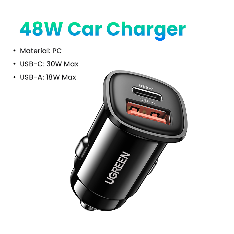 UGREEN 25845 30W USB C Car Charger, 2 Port Car Charger PD 30W/SCP 22.5W, Mini Car USB Charger with LED Light